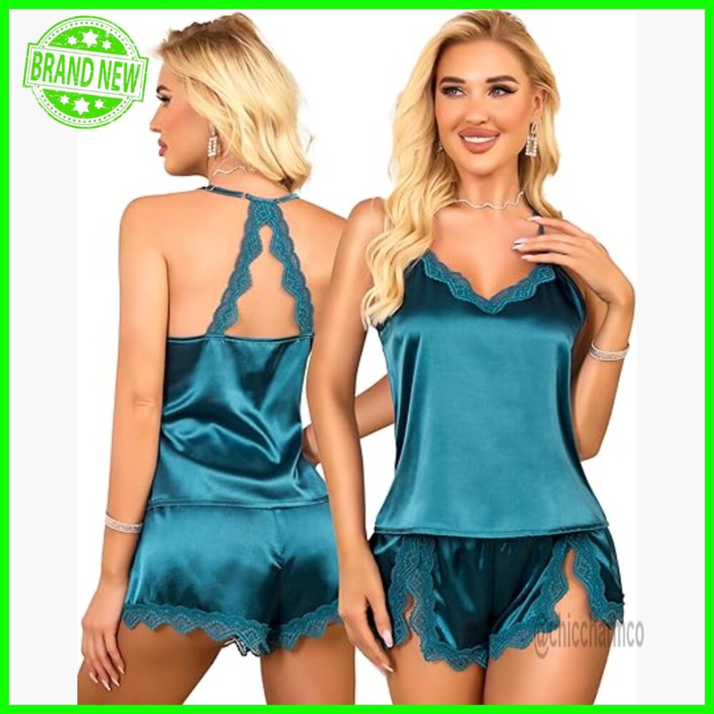 Satin Pajama Set with Lace Trim, V-Neck Camisole and Shorts, Size Small